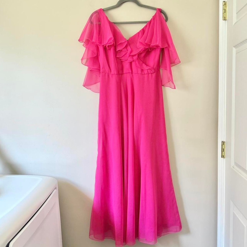 70s Hot Fuschia Pink Chiffon Dress Waterfall flutter‎ 60s maxi